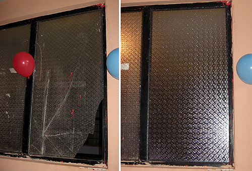 One of the three repaired windows: before and after